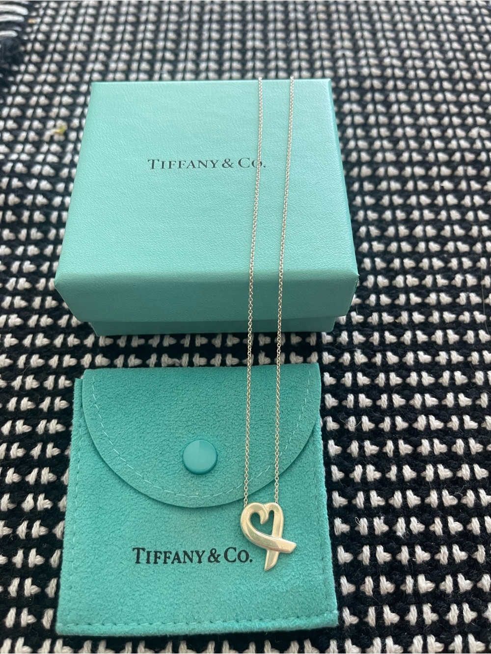 Tiffany & Co. Silver Heart Ribbon Pendant Necklace - Blue Green